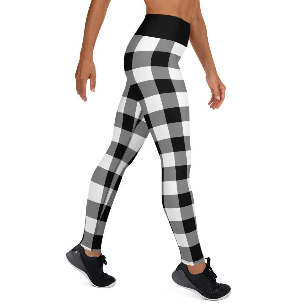 Black And White Buffalo Plaid Yoga Leggings Pants Women, Check Lumberjack Winter Christmas Tartan Printed Workout High Waisted Tights